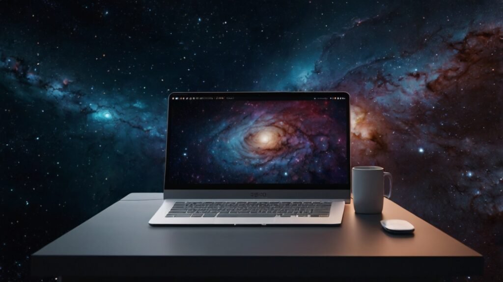 Text n Pixel's Website SEO concept illustrated with a laptop floating in space, a steaming cup of coffee nearby, and a vibrant cosmic event in the background.