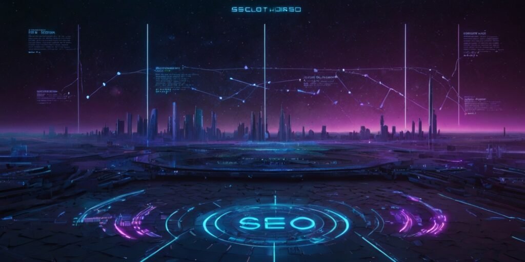 A futuristic digital landscape illuminated by neon blue and purple hues. Floating SEO elements like keyword graphs, analytics dashboards, and search ranking bars merge into a cosmic backdrop, symbolizing the dynamic evolution of website optimization. The bold typography of ‘Website SEO’ stands out, reflecting the precision of digital branding and search visibility.