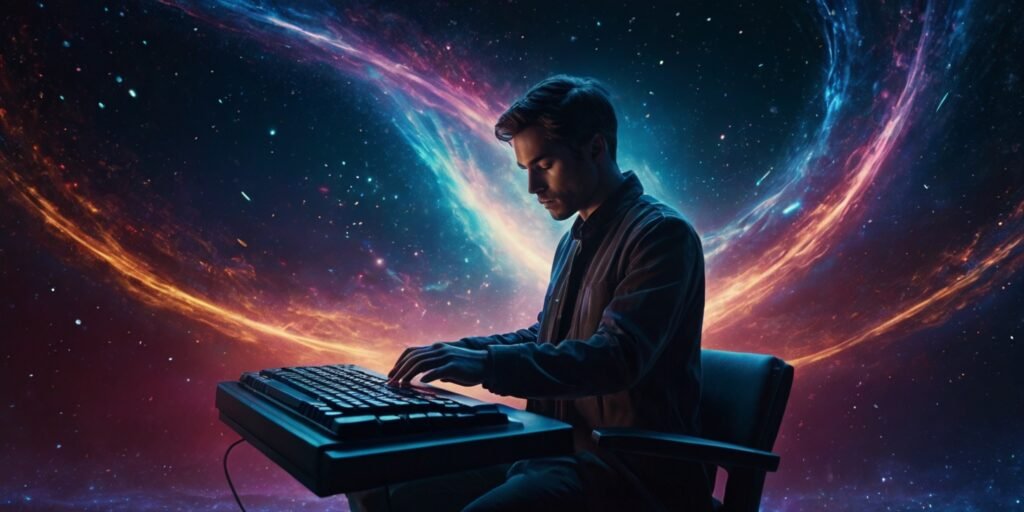 Futuristic writer typing content on a holographic keyboard surrounded by swirling cosmic dust and vibrant nebula colors in a surreal space-themed dreamscape.