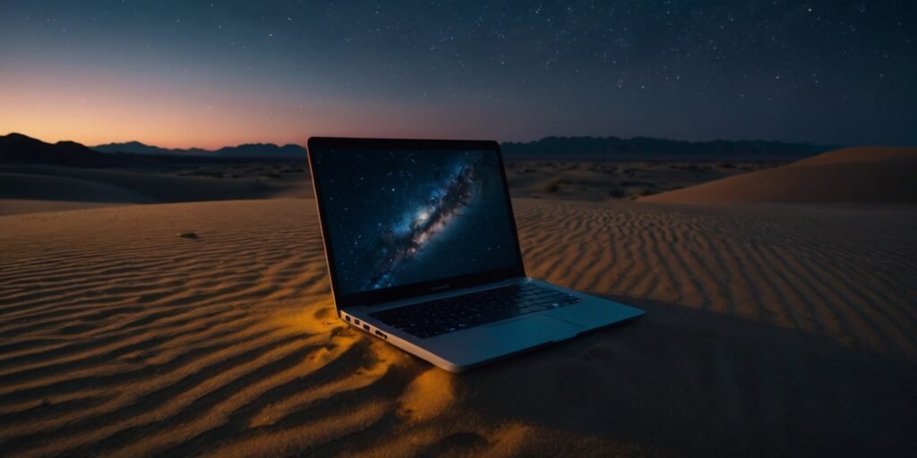 A glowing laptop sits on a table in the middle of an empty desert at midnight, casting soft light onto the sand. The deep blue night sky, filled with stars, enhances the sense of solitude and creativity. This image represents the power of digital innovation and content writing, a core focus of Text n Pixel.