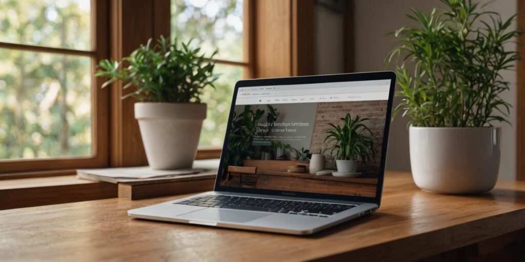 A laptop on a wooden desk displaying a modern website layout, surrounded by UI icons and digital design elements, with natural sunlight and a soft creative background.