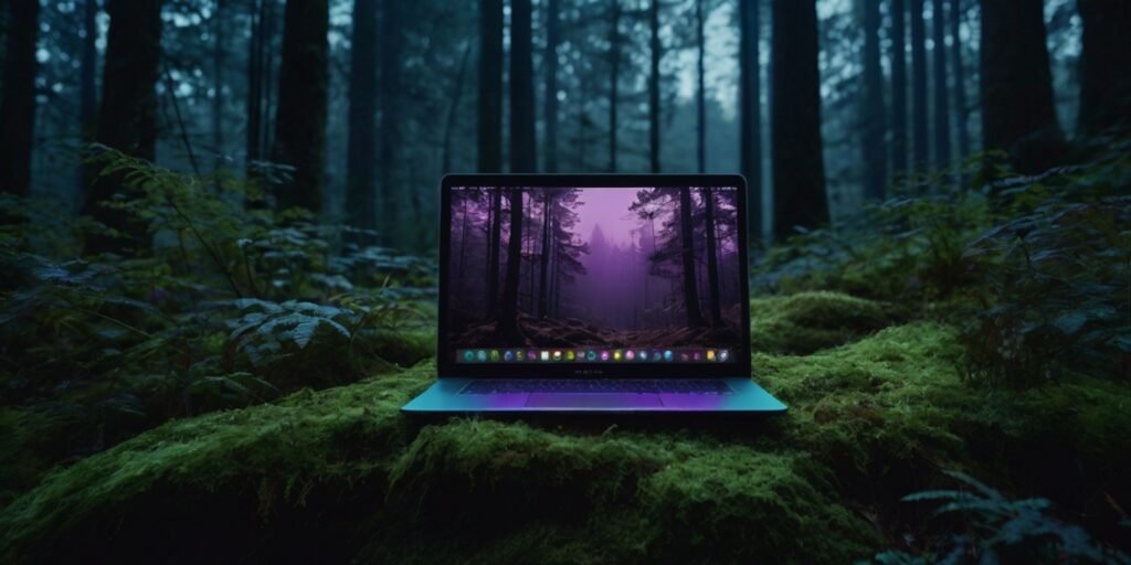 Dark purple-themed forest with glowing laptop on mossy rock, showing a website being designed in Elementor, blending nature with futuristic digital elements.