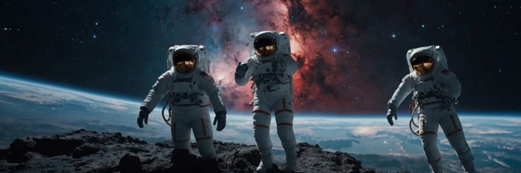 A team of astronauts floats in the vastness of space, surrounded by a breathtaking cosmic backdrop of nebulae, galaxies, and twinkling stars—symbolizing adventure, discovery, and the boundless possibilities about exploration.